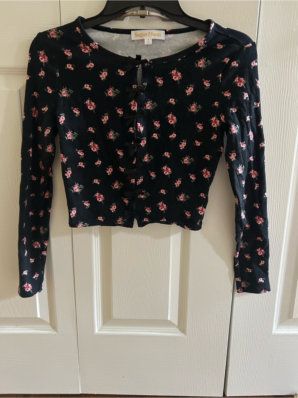 Black Floral Bow-Front Cropped Cardigan by Sugar Moon